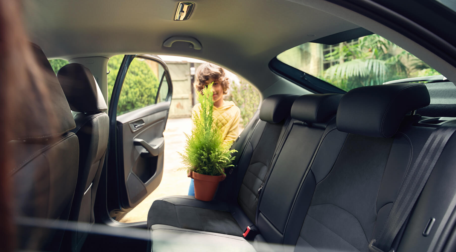 SEAT new car services maintenance end of life vehicles – Boy putting a plant in the back seat of a new car